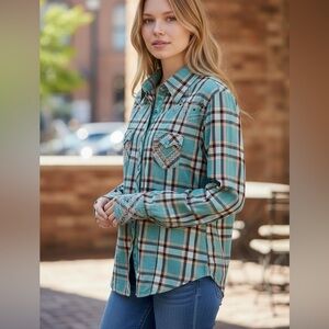 SLP Women's Western Plaid Button Down Shirt - Teal and Brown. Size Medium